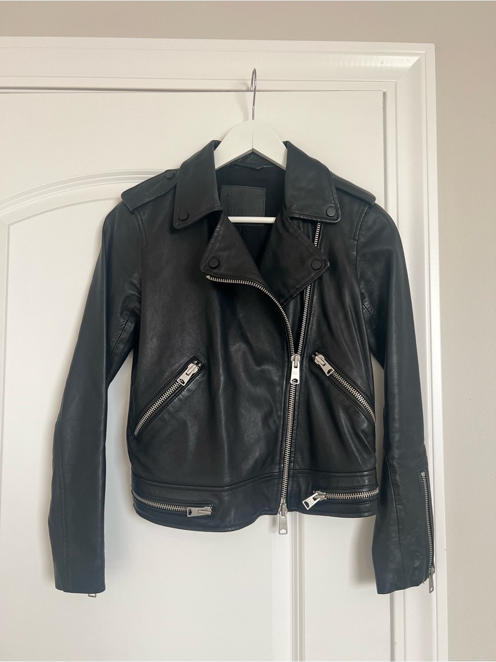 All Saints Black Leather Biker Jacket with Silver Hardware